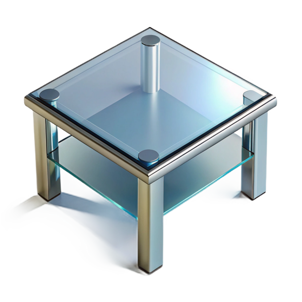 beautiful geometric Square glass coffee table, chrome legs, reflective surface, studio lighting, top-down view, isolateon transparent background,high-resolution product photography ultra HD png