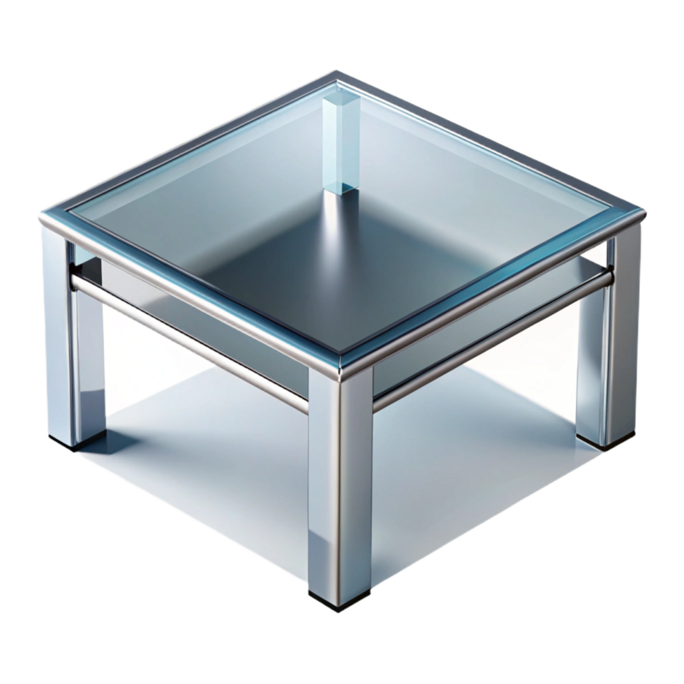 exemplary nordic Square glass coffee table, chrome legs, reflective surface, studio lighting, top-down view, isolateon transparent background,high-resolution product photography flawless png