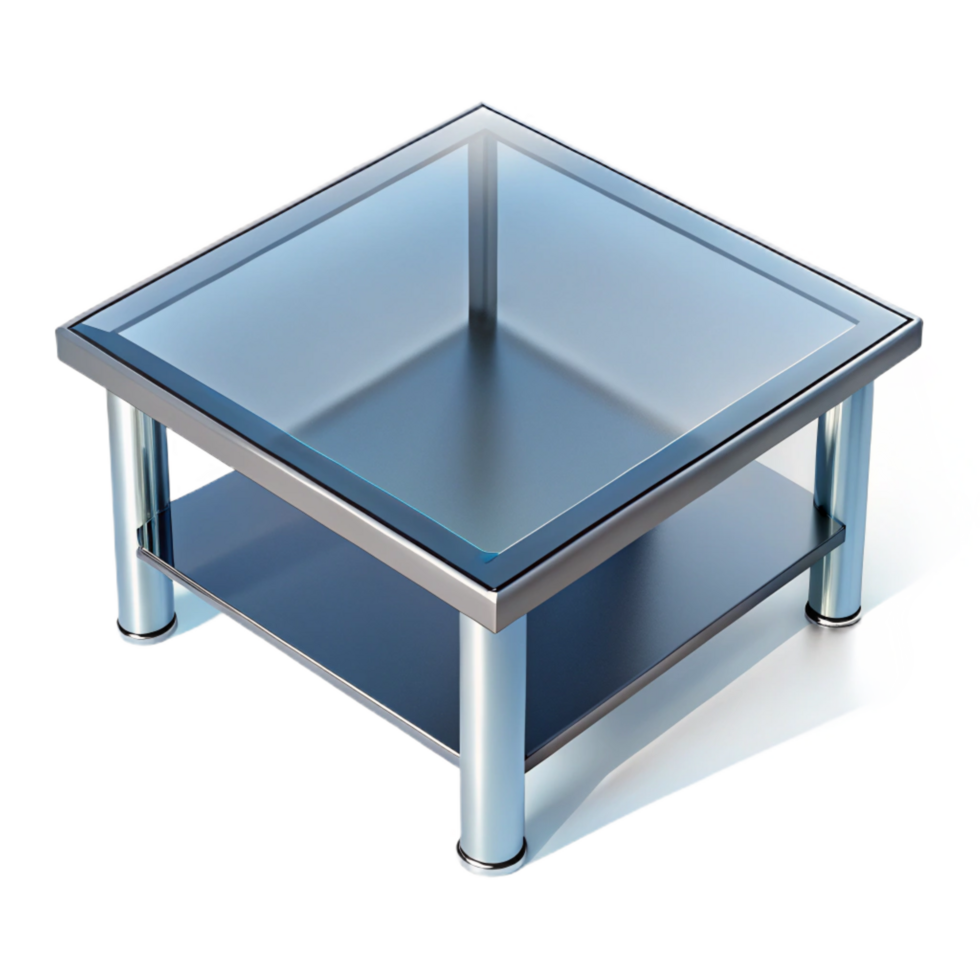 dynamic hypnotic Square glass coffee table, chrome legs, reflective surface, studio lighting, top-down view, isolateon transparent background,high-resolution product photography 8K png