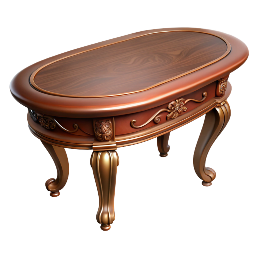 unforgettable mid-century Oval antique table, mahogany, carvedetails, dramatic lighting, side view, isolateon transparent background,high-resolution product photography perfect clarity png