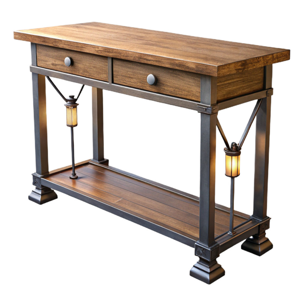 enchanting standout Industrial style console table, iron frame, reclaimewootop, rustic finish, soft lighting, front view, isolateon transparent background,high-resolution product photography png