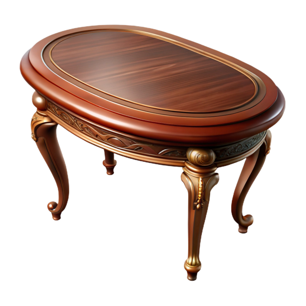 peaceful alluring Oval antique table, mahogany, carvedetails, dramatic lighting, side view, isolateon transparent background,high-resolution product photography exclusive png