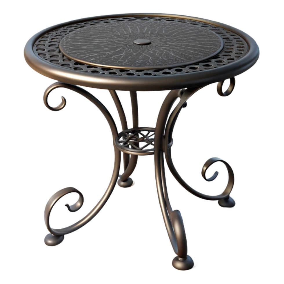whimsical breathtaking Wrought iron patio table, intricate design, black finish, soft lighting, isolateon transparent background,high-resolution product photography studio quality png