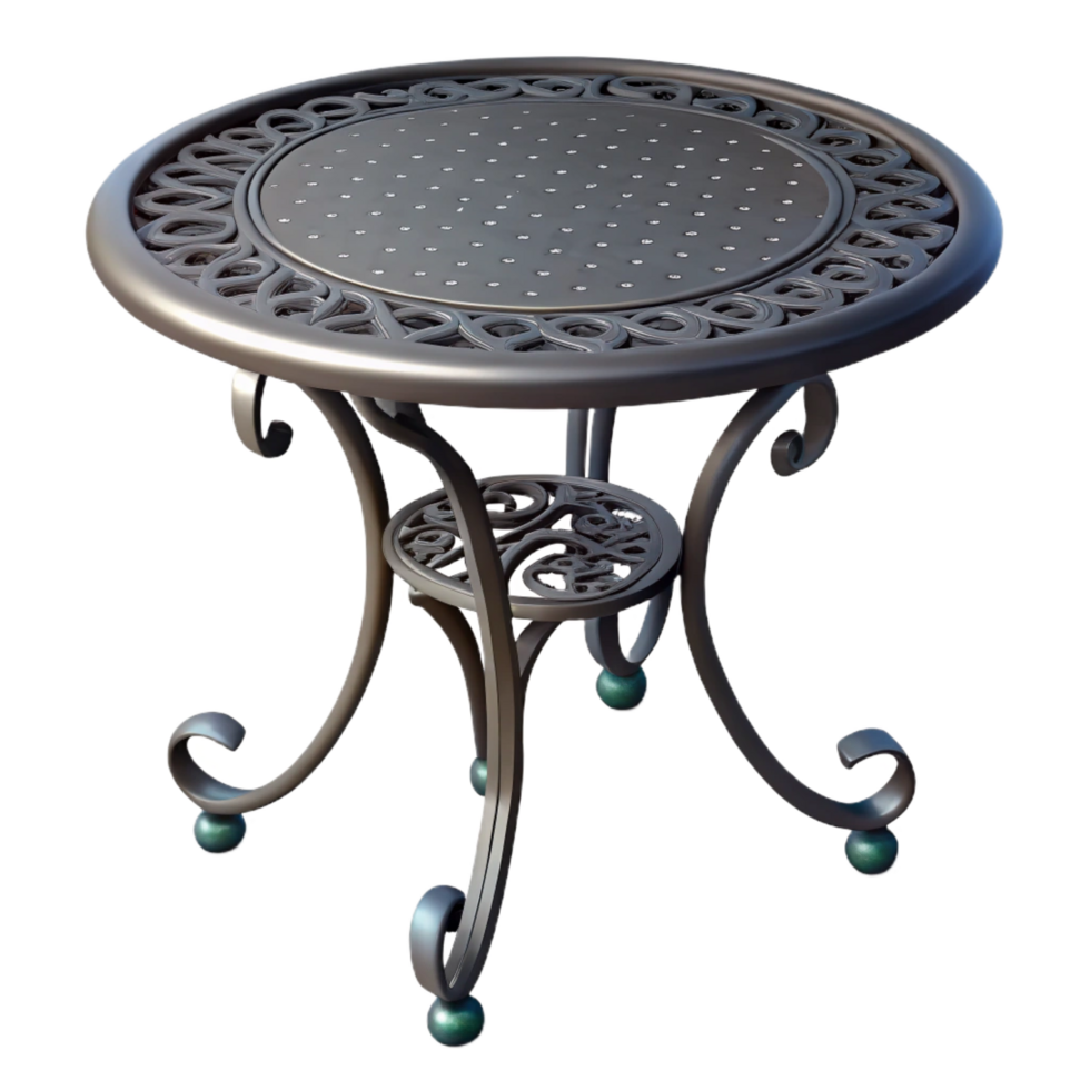 fascinating quintessential Wrought iron patio table, intricate design, black finish, soft lighting, isolateon transparent background,high-resolution product photography png