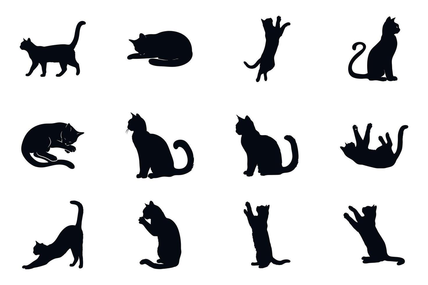 Cat Silhouettes Set Of Twelve Different Poses And Actions On Isolated White Background,Adorable Pet Art vector