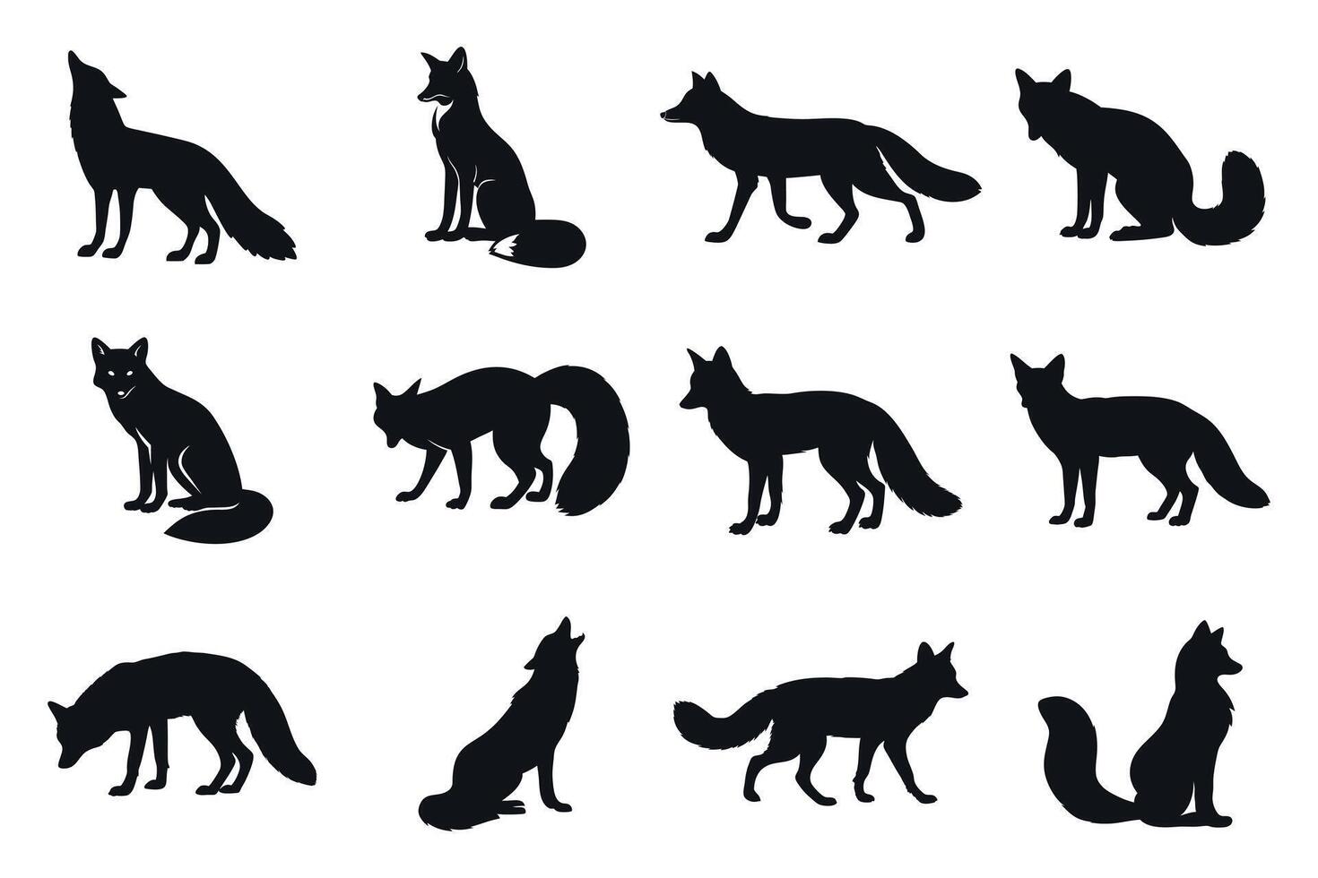 Collection Of Fox Silhouette Illustrations On Isolated White Background In Different Poses And Gestures,Wildlife Animals vector