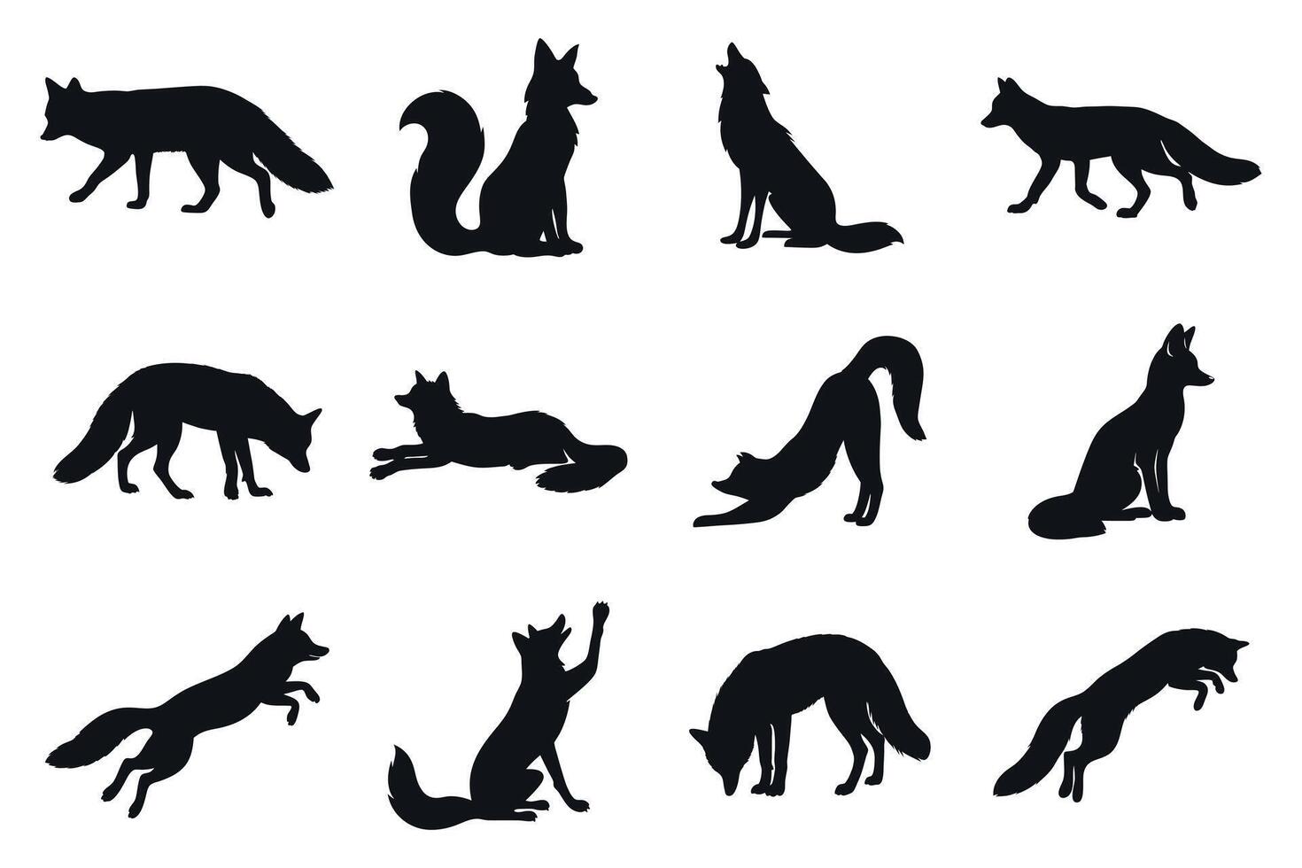 Set Of Fox Silhouettes Various Poses And Actions Isolated On White Background For Wildlife And Nature Designs vector