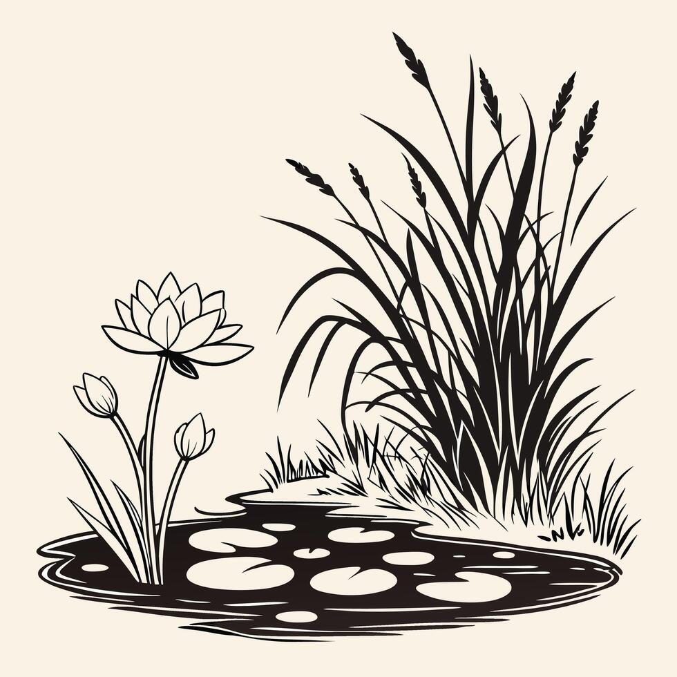 Pond Scene with Lily Pads, Reeds, and Rocks vector
