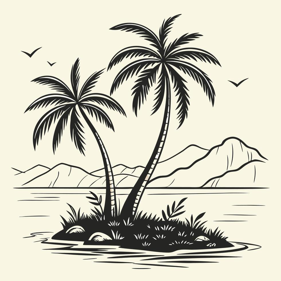 Island Paradise Palm Trees, Ocean, and Mountains vector