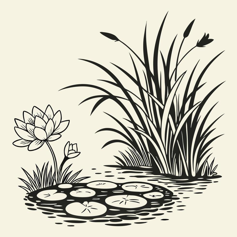 Pond with Water Lilies and Reeds vector