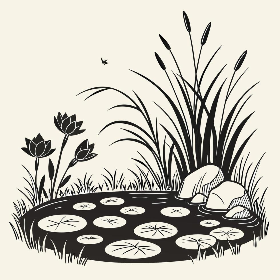 Pond Scene with Water Lilies and Reeds vector