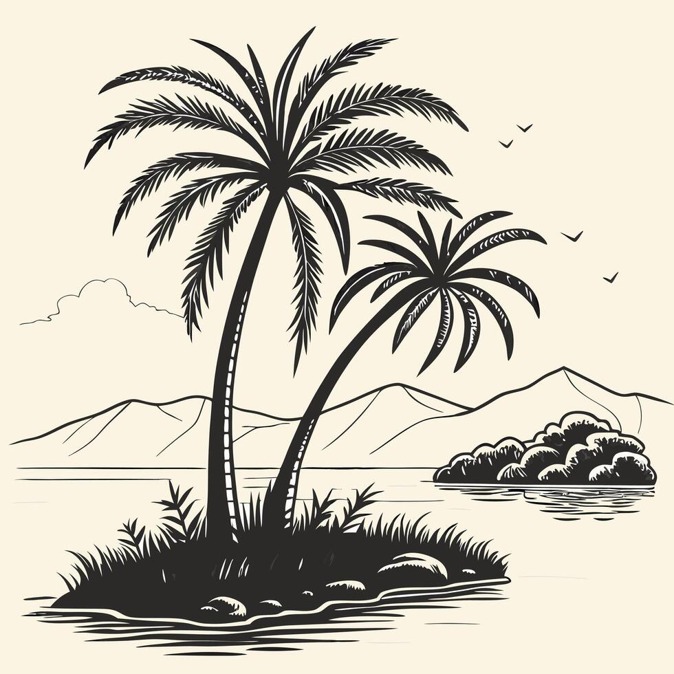 Tropical Island with Palm Trees in Black and White vector