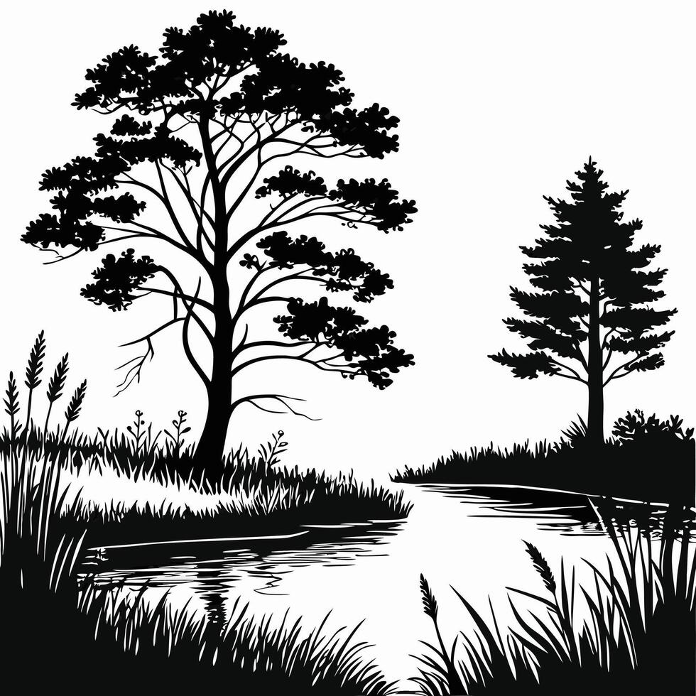 Black and White Landscape with River and Trees illustration vector