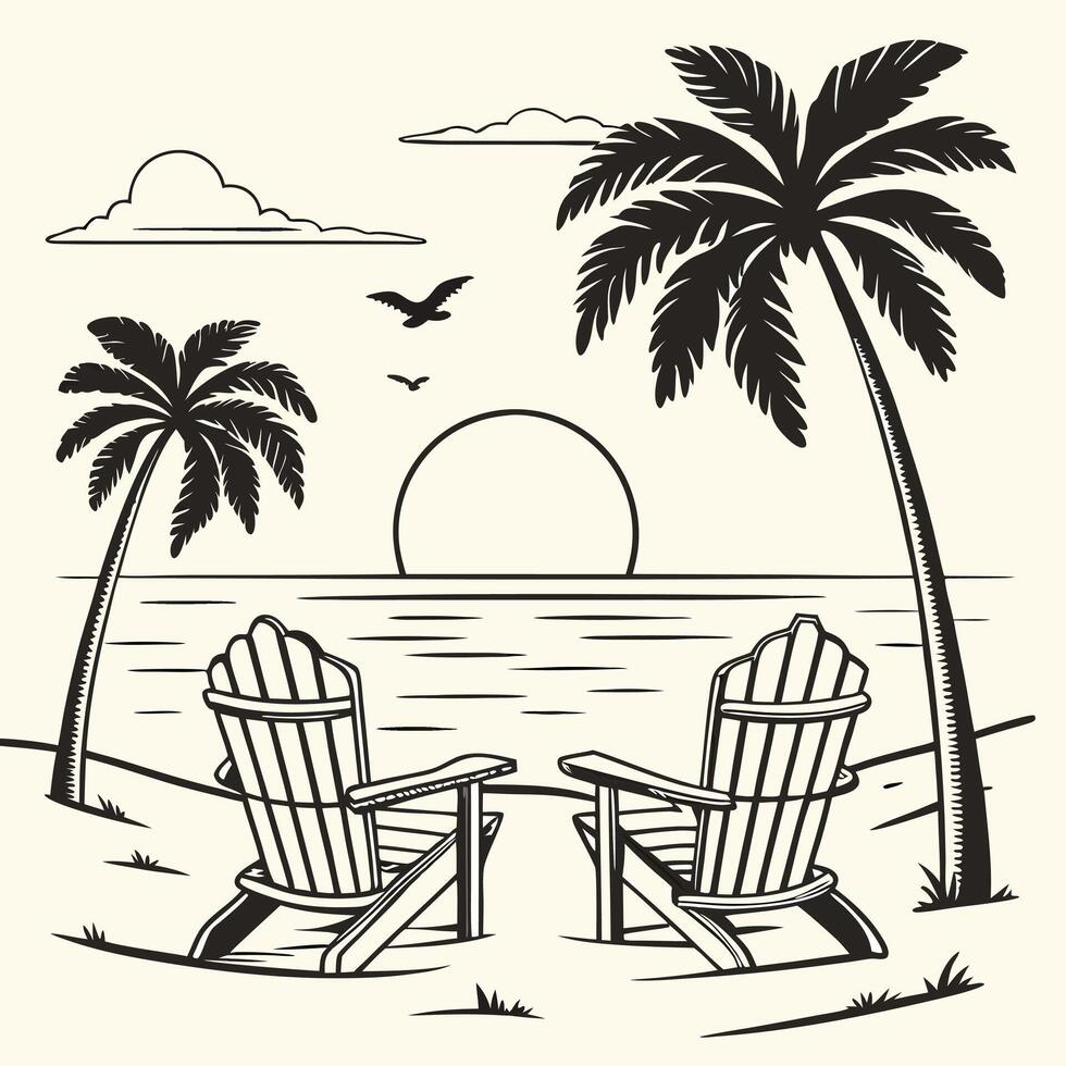 Beach scene with palm trees, chairs, sunset, and ocean view illustration vector