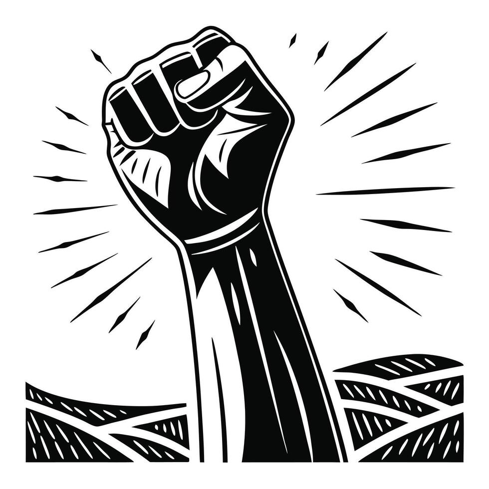 Raised fist with shining rays. vector