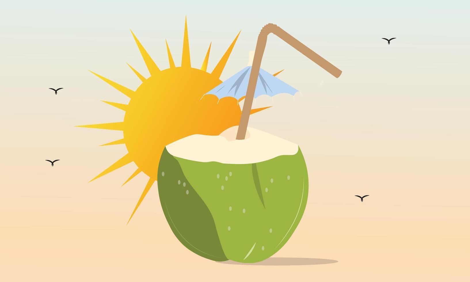 Refreshing Green Coconut Drink Under the Summer Sun with Birds in The Background vector