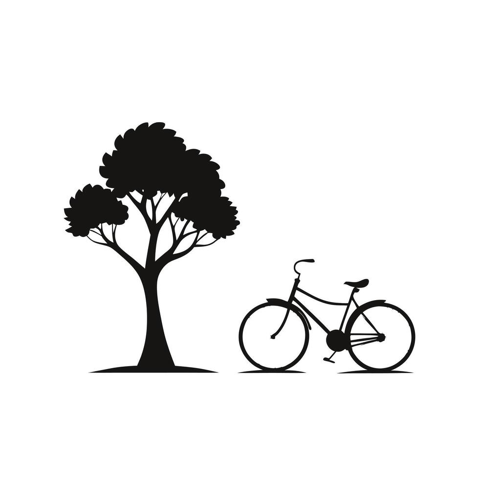 Minimalist silhouette of a bicycle parked under a tree vector