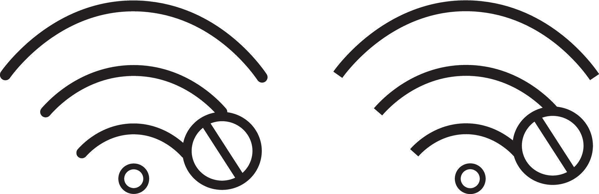 A black and white icon, of a Wi-Fi signal with a prohibition symbol, Wireless fidelity network with prohibition symbol, vector
