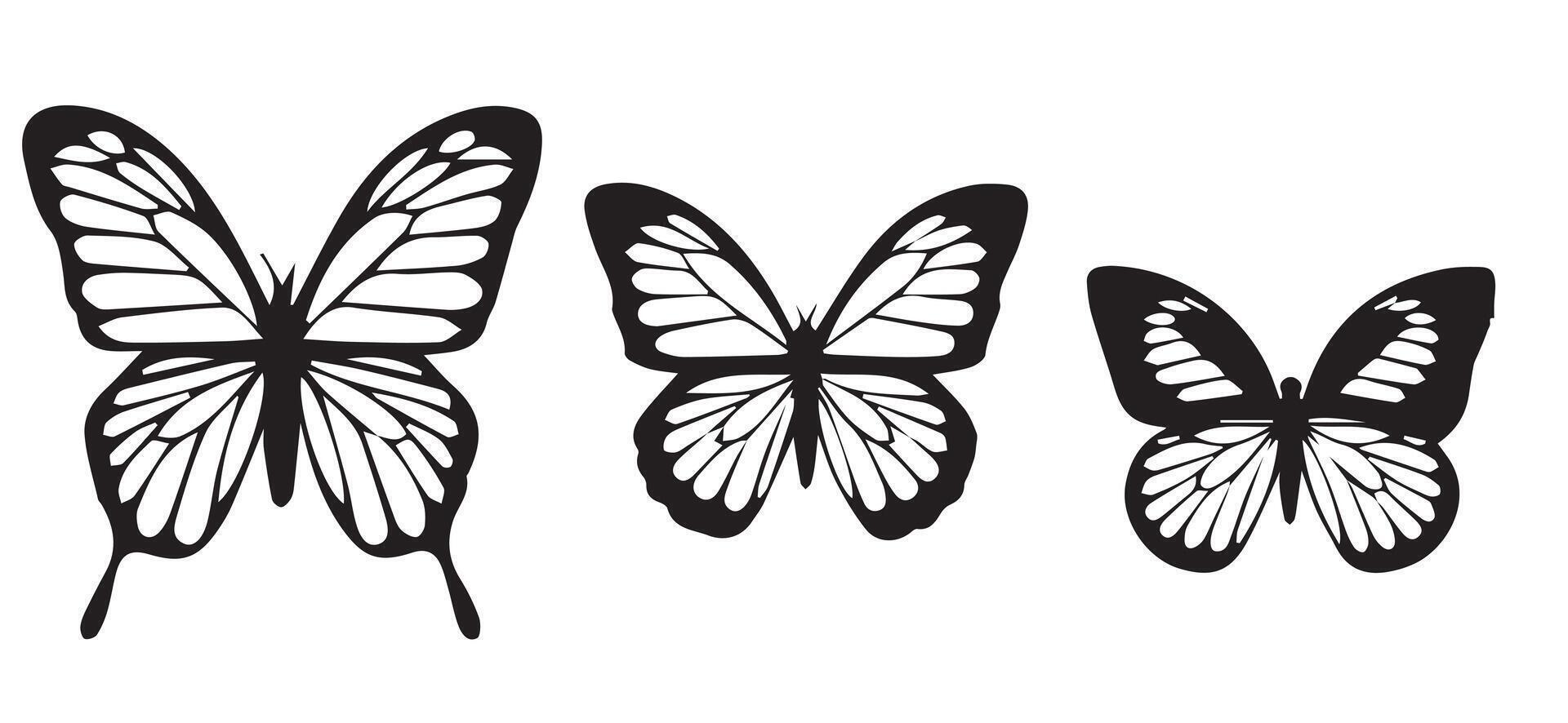 three butterflies are shown in black and white vector