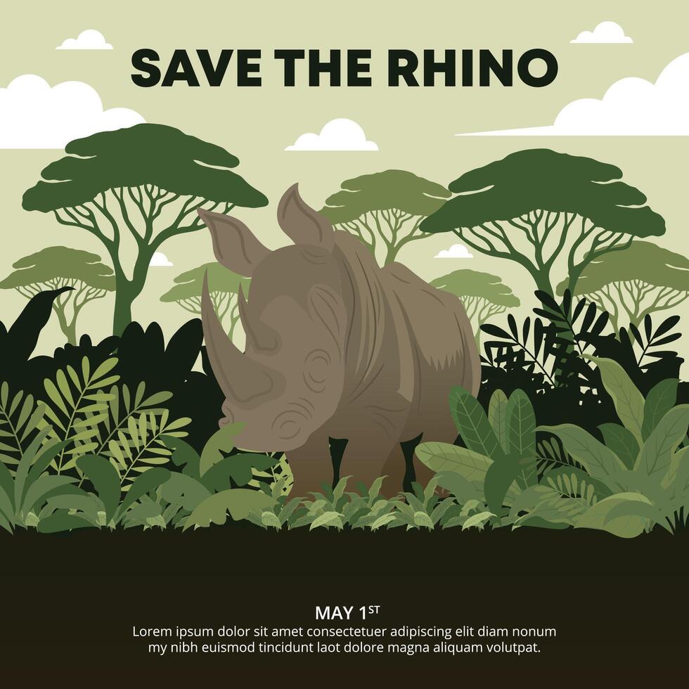 Save The Rhino Day design with a rhino in the jungle vector