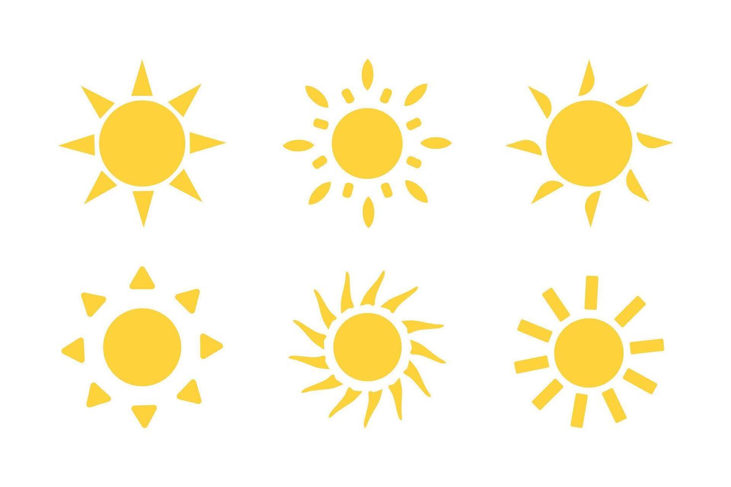 Sun icon set. flat design. Collection of sun stars for use in as logo or weather icon Yellow suns circles, bright natural lighting objects vector