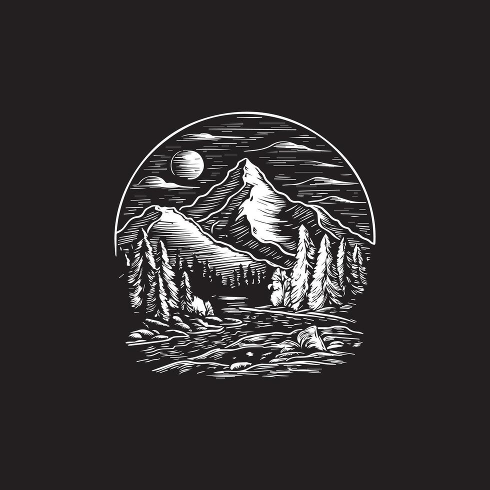 a black and white illustration of a mountain and trees vector