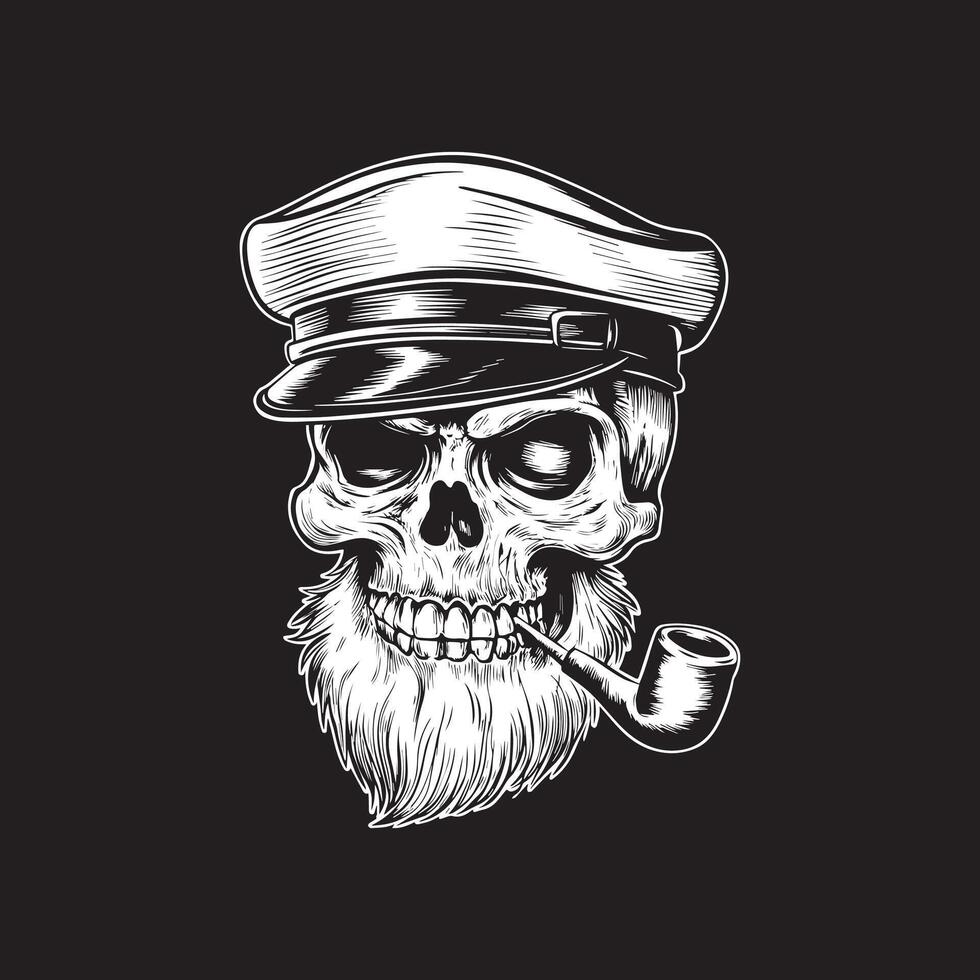 skull in a sailor hat with beard and pipe vector