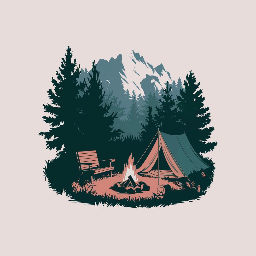 a camping tent and bench in the woods vector