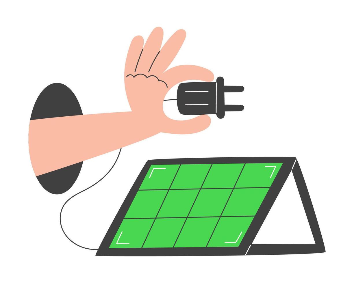 Solar panel and hand holding a plug for energy. Flat illustration for Earth Day, renewable resources, and nature protection vector