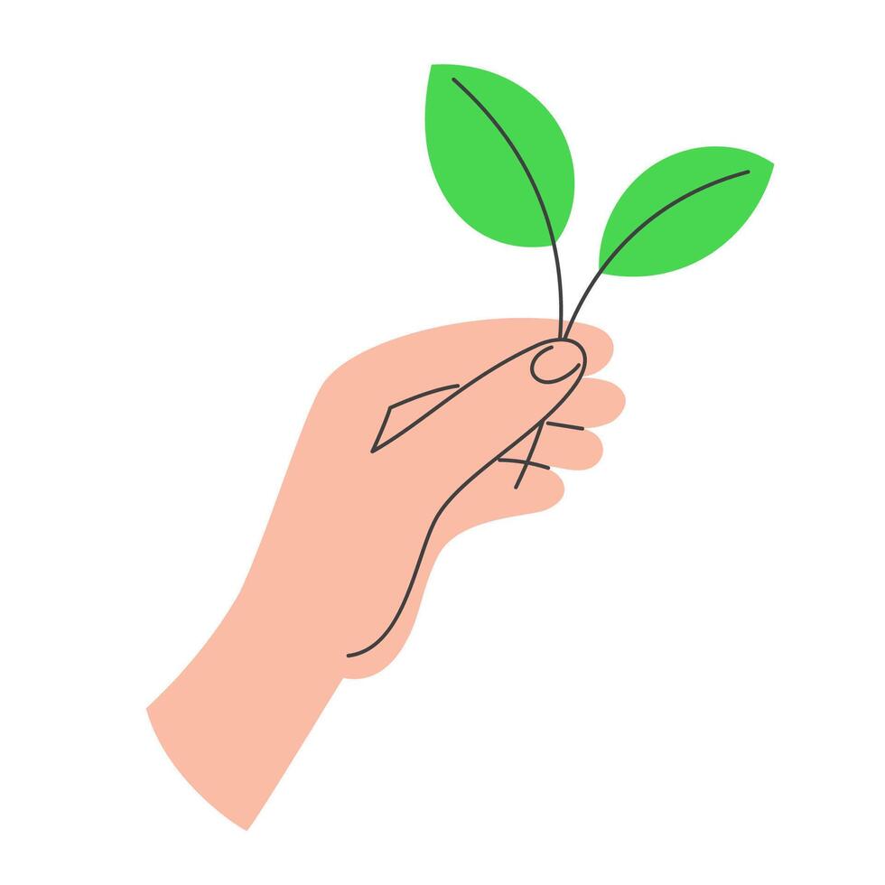 Hand Holding Green Twig with Leaves. Earth Day Concept and Eco-Friendly Message in Flat Style vector