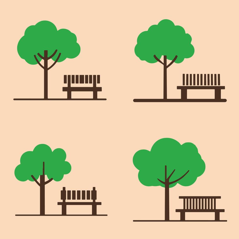 Minimal flat design of park trees and benches ideal for outdoor themes nature backgrounds and landscape scenes vector