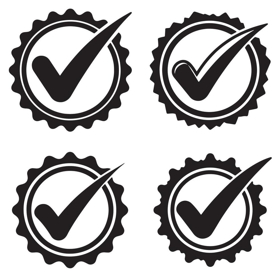 Bold check mark badge icons with sharp edges and clean outlines ideal for verified and trusted labels vector