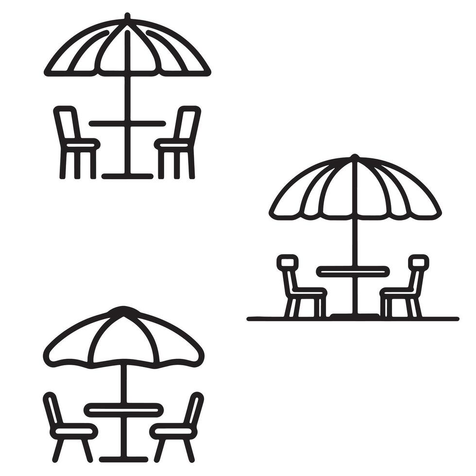 Black and white patio icons featuring tables chairs and umbrellas perfect for cafe and summer designs vector