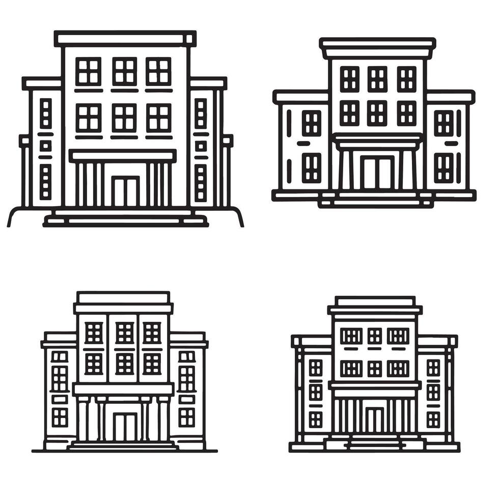 Detailed building icons in black and white style ideal for urban design government and city projects vector