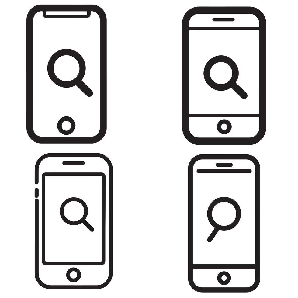 Clean mobile icons featuring search magnifying glass on smartphone screens perfect for web UI and app interface illustrations and digital themes vector