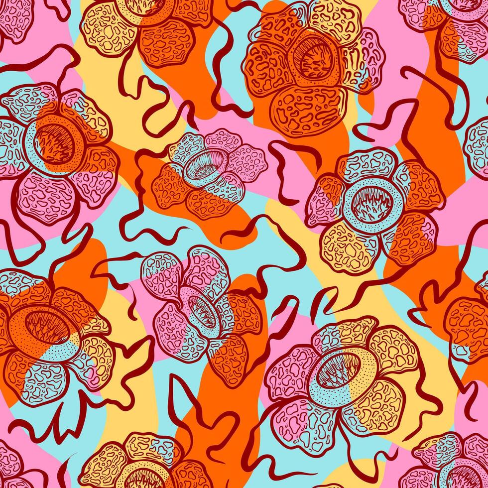 Rafflesia Arnoldii Tropical Flower Outline Illustration Seamless Pattern vector