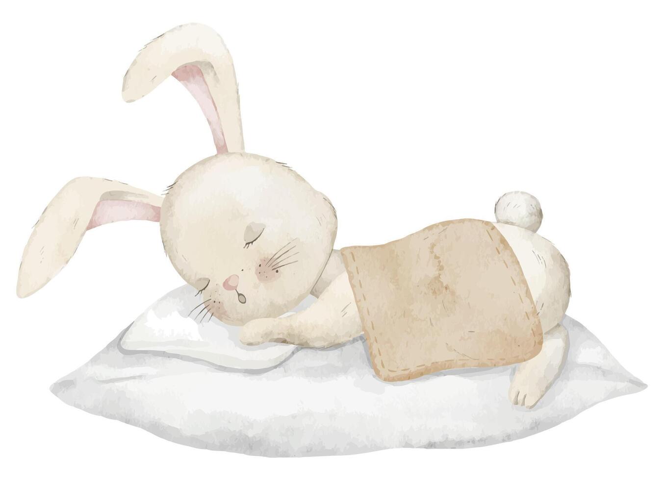 Charming watercolor illustration of cute Bunny sleeping on a pillow with a blanket. Drawing of cute Rabbit for bedtime nursery decor in beige pastel colors. Art of Hare for kids room prints and cards. vector