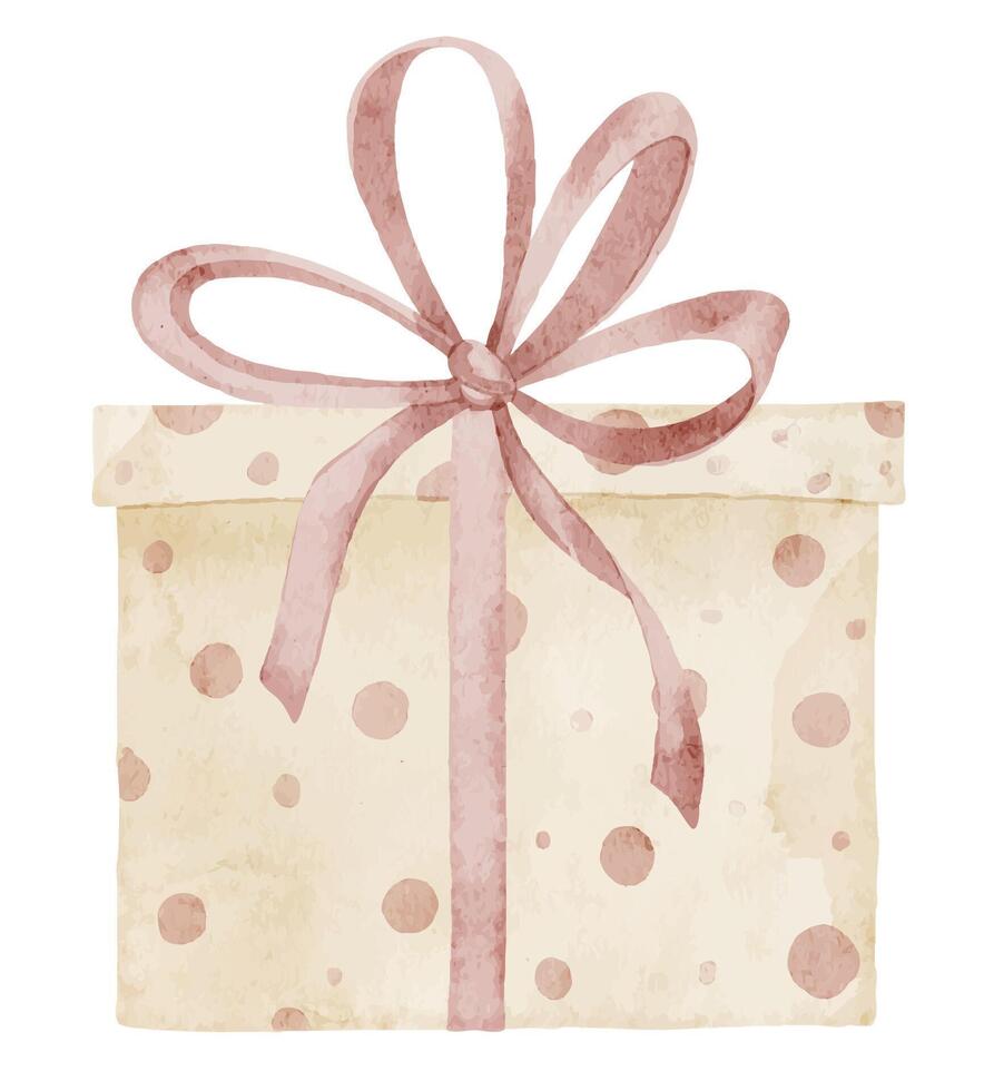 Watercolor Gift Box illustration with cute polka dot design and elegant ribbon bow. Drawing of Present for childish birthday cards in pastel colors or kids festive events. Art for kids invitations. vector