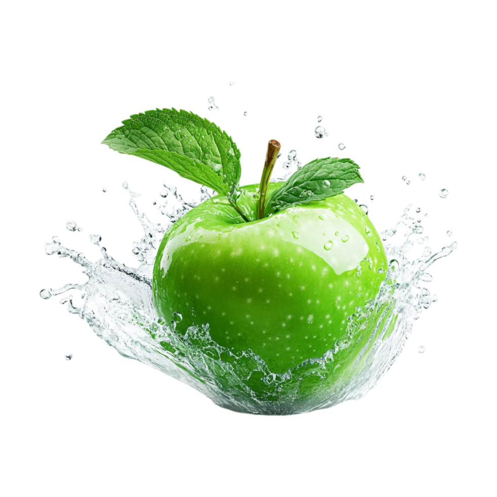 green apple with splash of water on transparent background png