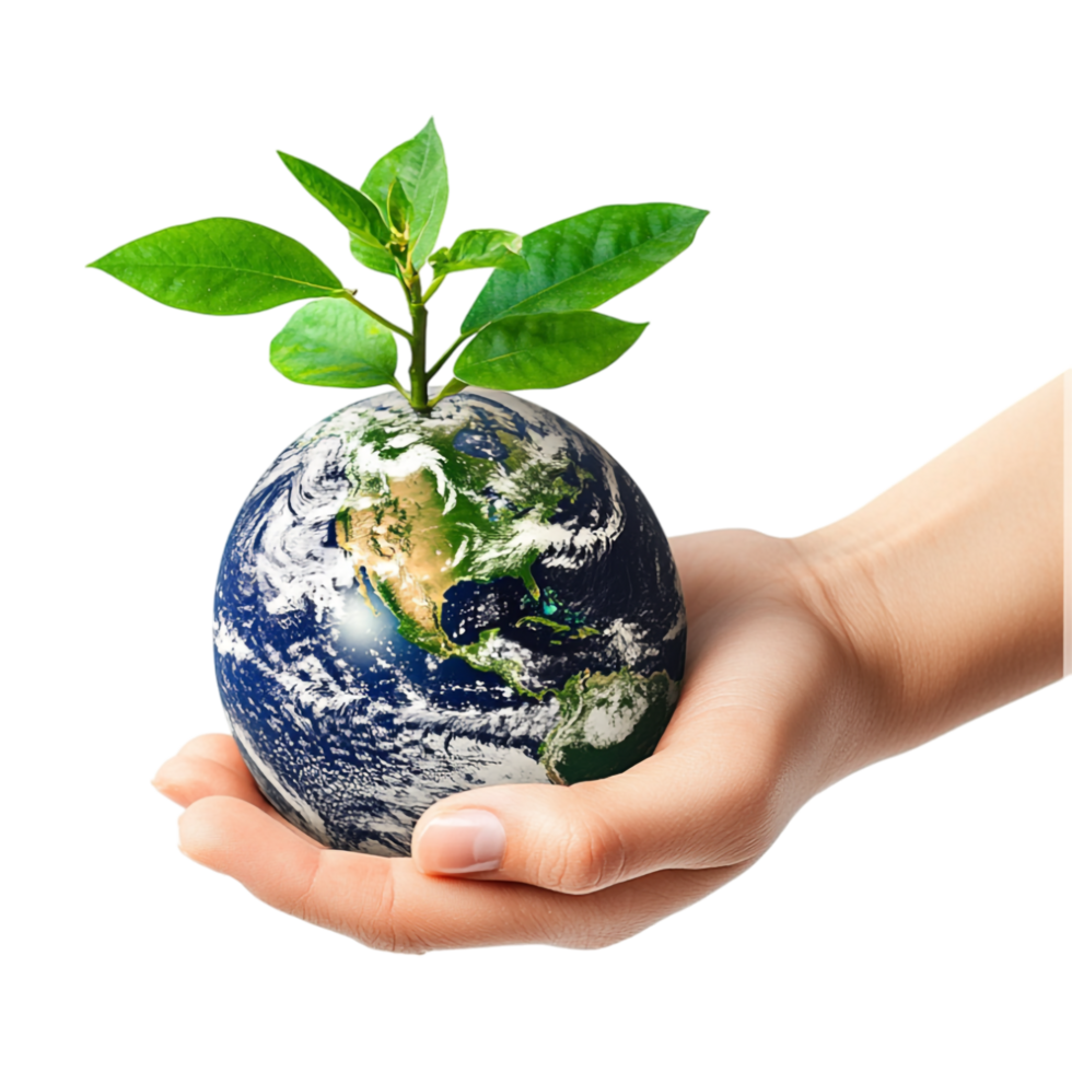a hand holding earth with plant on transparent background png