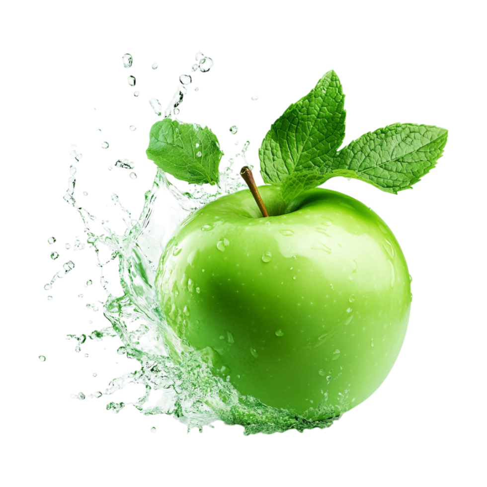 a green apple with water splash on transparent background png