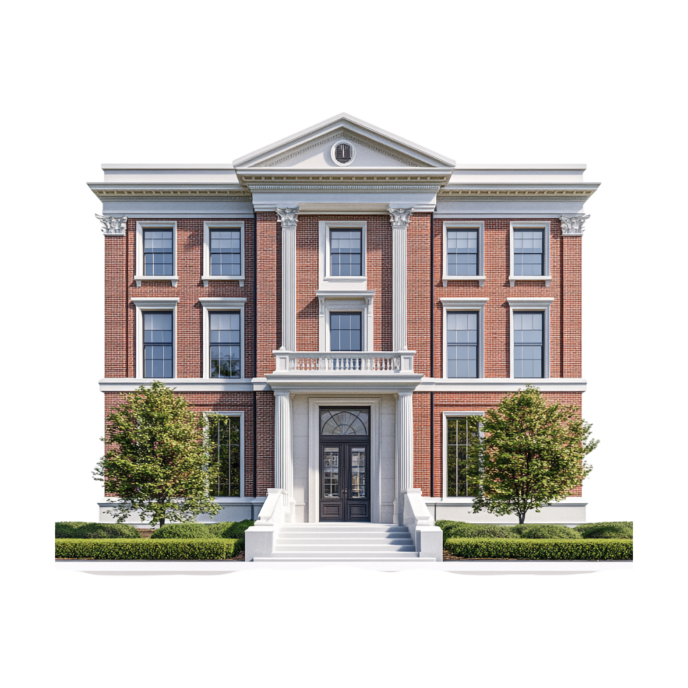 a large brick house with a front porch and a front door png