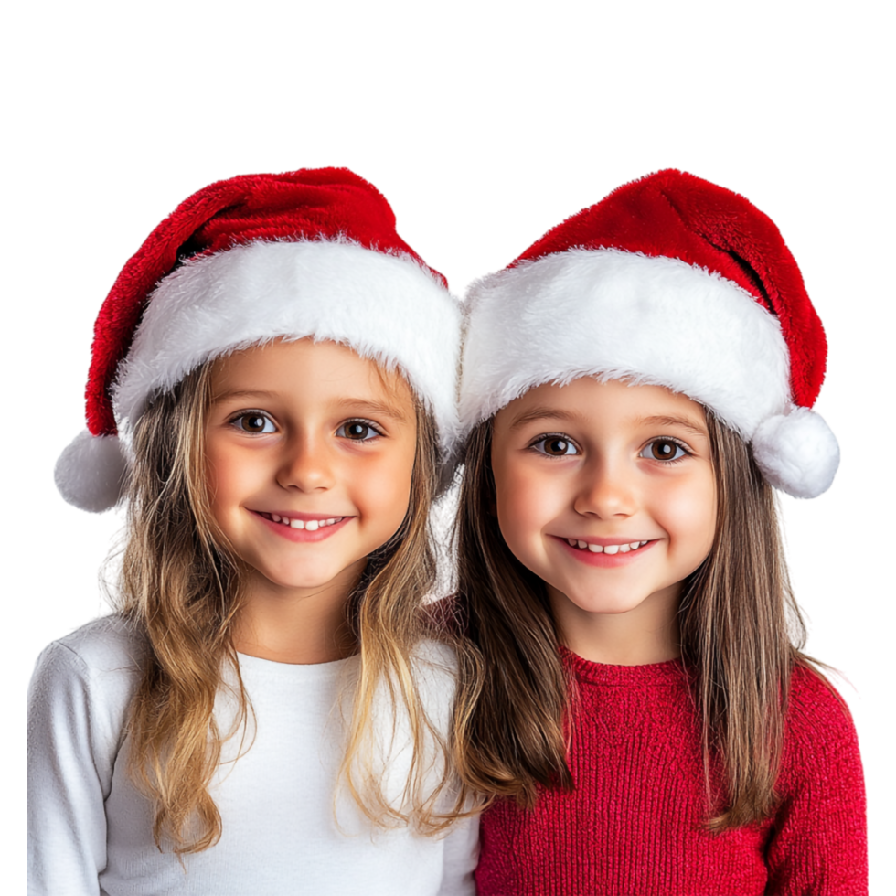 two little girls wearing santa hats on a transparent background png