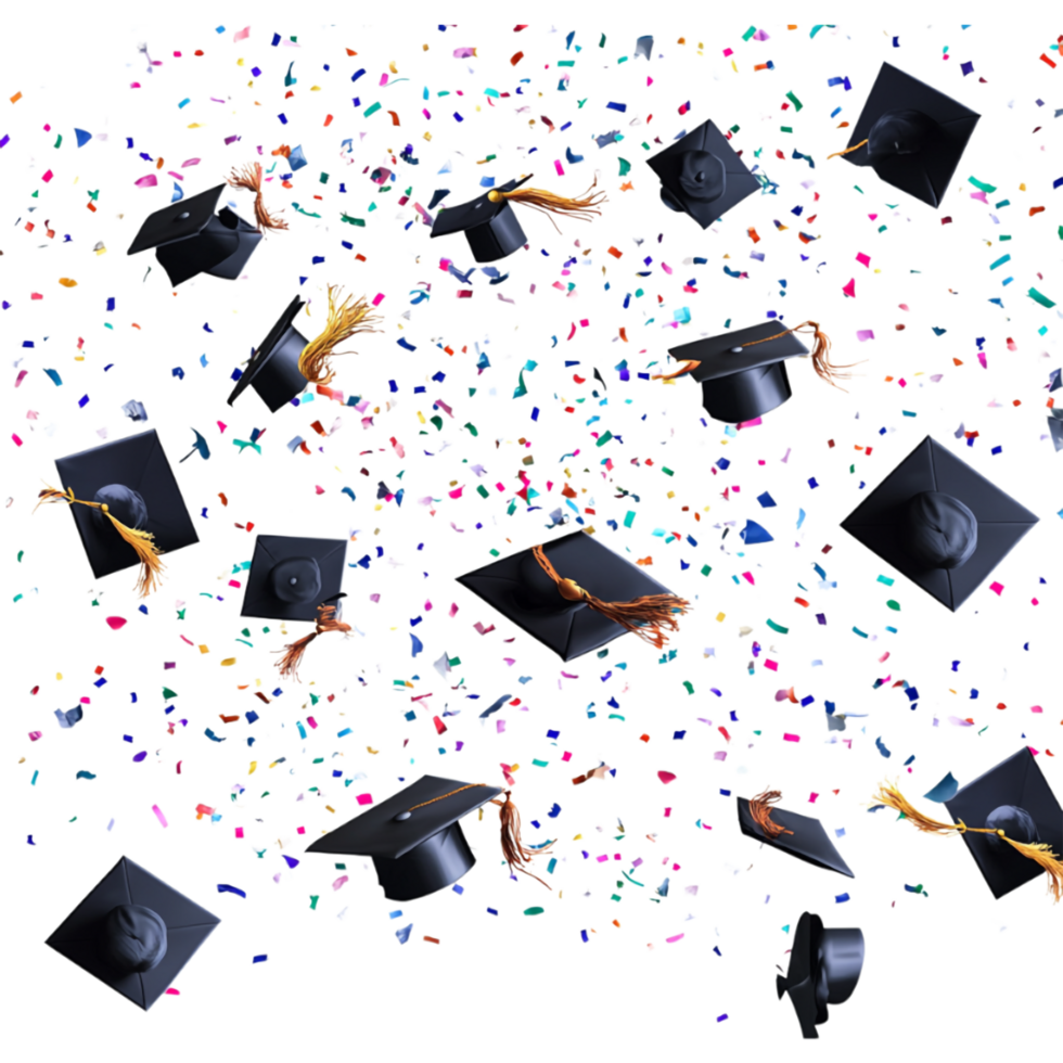 graduation hats and confetti on transparent background png