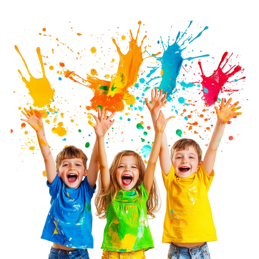 three children with paint splattered on their hands png