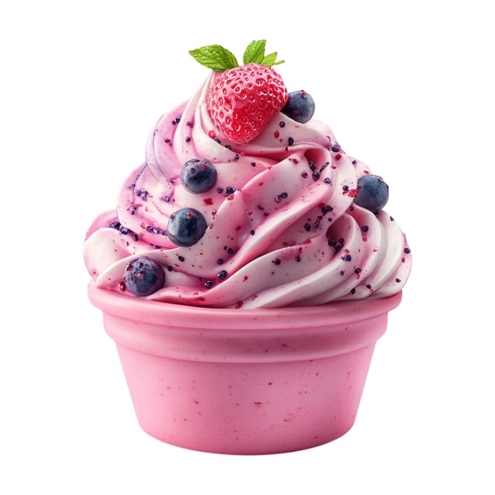 a pink cupcake with blueberries and strawberries on top png
