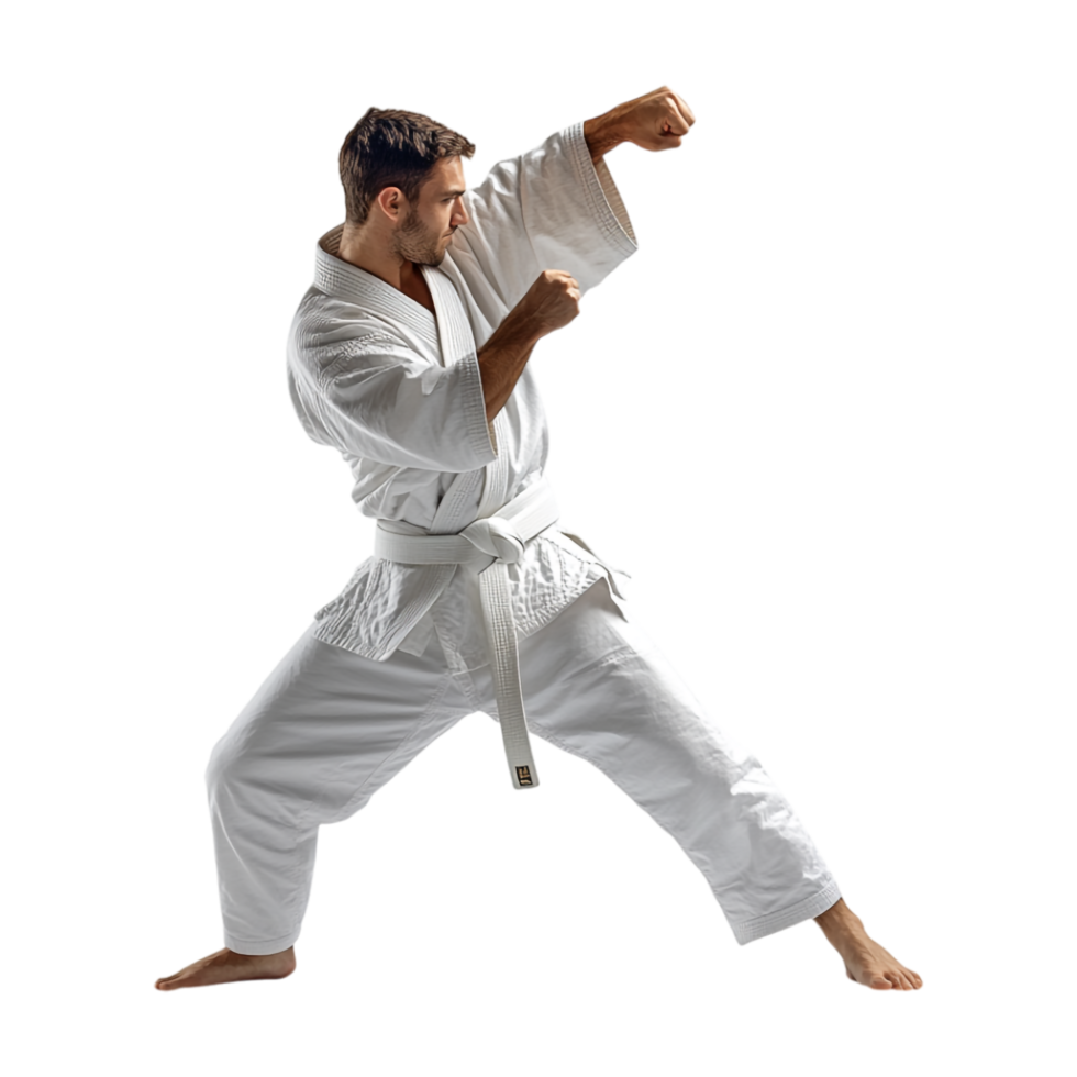 a man in karate gear is doing a kick png