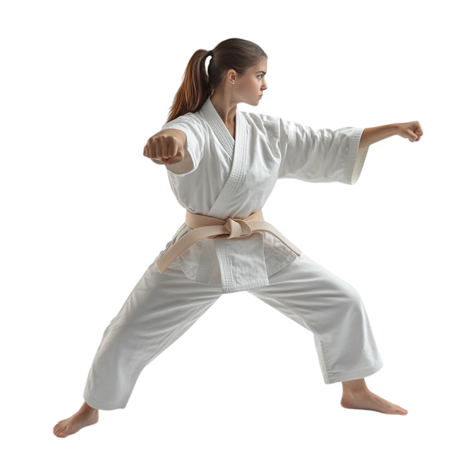 a woman in karate gear on a transparent background png