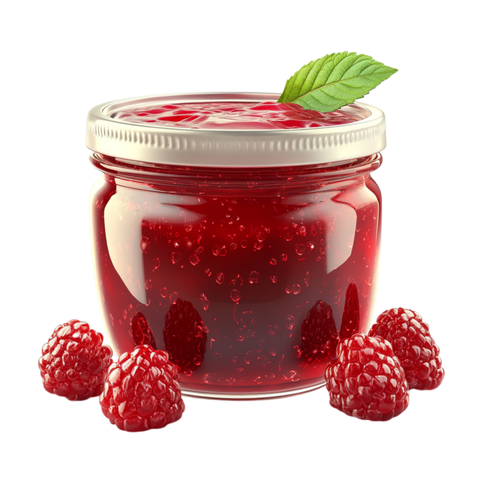 raspberry jam in a glass jar with a leaf on the side, isolated on transparent background png