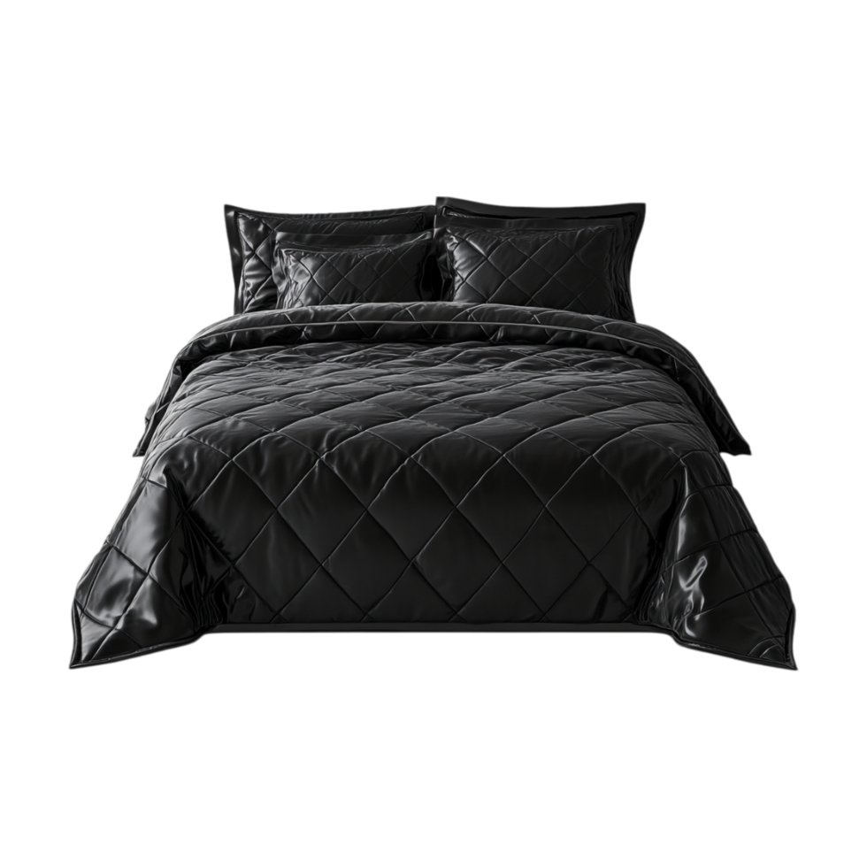 black quilted bedding set on a transparent background png